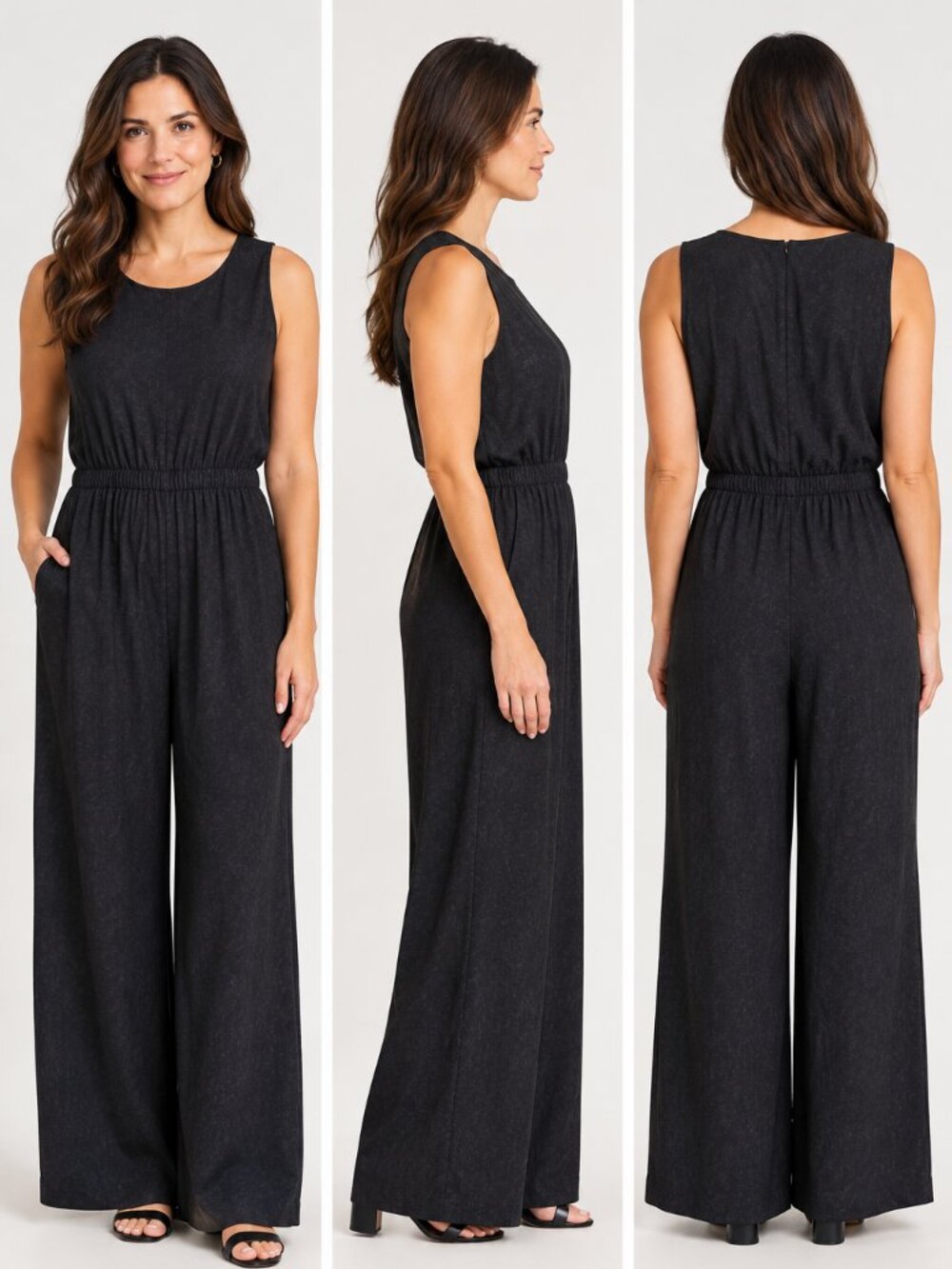 Eileen Fisher Jumpsuit Women L Black Sleeveless Elastic Waist Pockets Wide Leg
